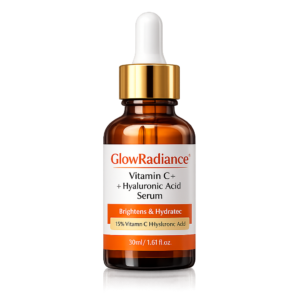 GlowRadiance Vitamin C + Hyaluronic Acid Serum 30ml amber glass dropper bottle with gold cap on white background